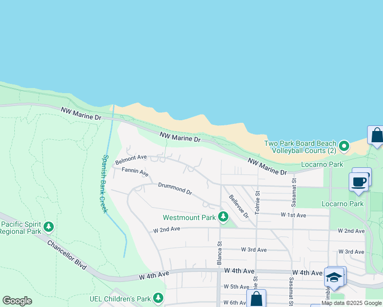 map of restaurants, bars, coffee shops, grocery stores, and more near 4755 Belmont Avenue in Vancouver