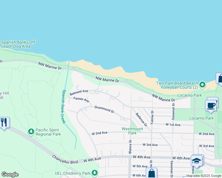 map of restaurants, bars, coffee shops, grocery stores, and more near 4769 Belmont Avenue in Vancouver