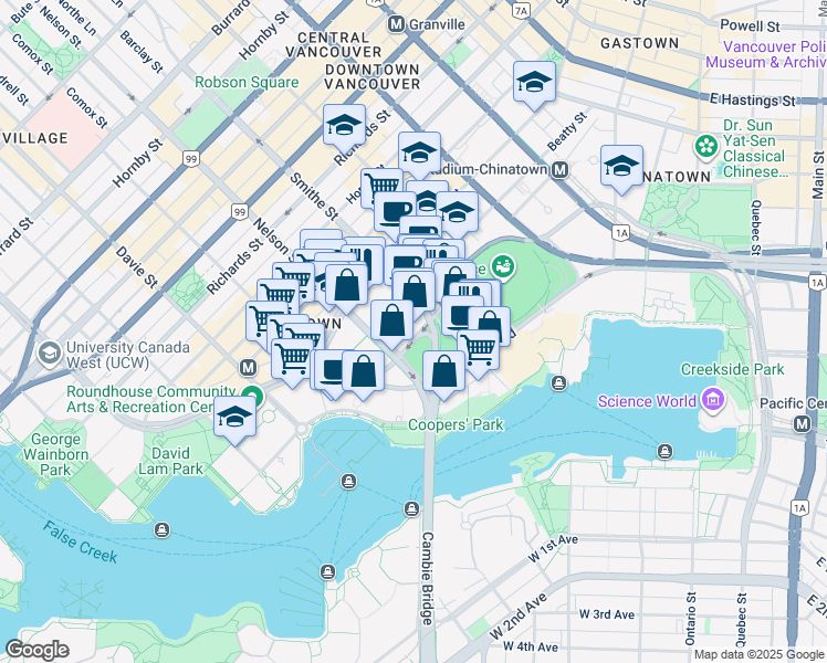 map of restaurants, bars, coffee shops, grocery stores, and more near 939 Expo Boulevard in Vancouver