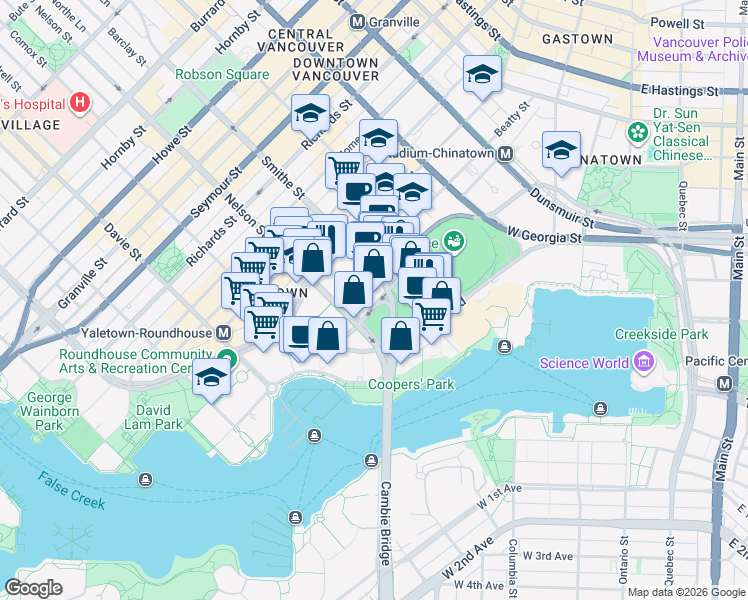map of restaurants, bars, coffee shops, grocery stores, and more near 939 Expo Boulevard in Vancouver
