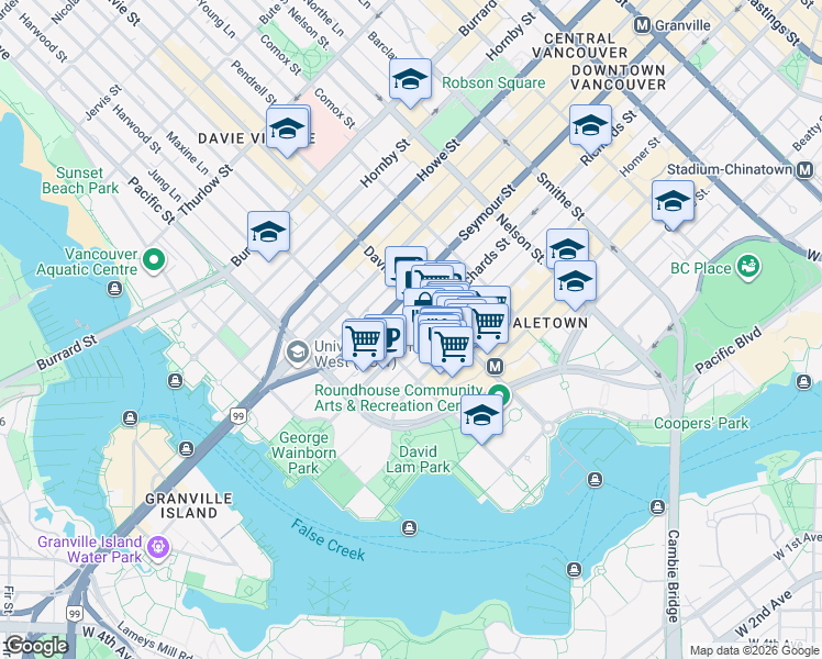 map of restaurants, bars, coffee shops, grocery stores, and more near 1237 Richards Street in Vancouver