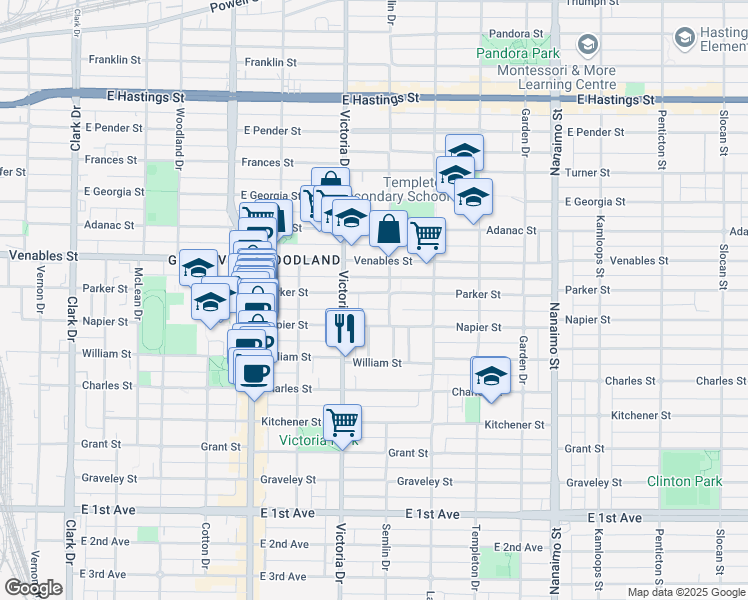 map of restaurants, bars, coffee shops, grocery stores, and more near 1956 Parker Street in Vancouver