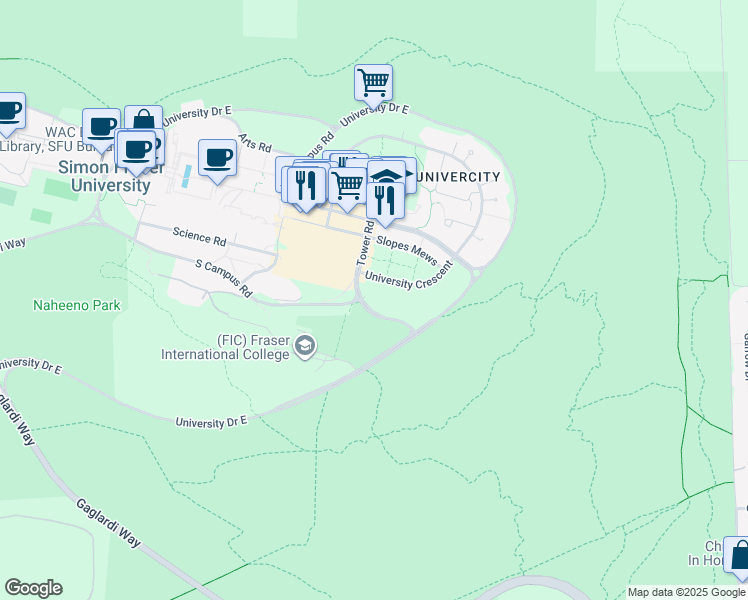 map of restaurants, bars, coffee shops, grocery stores, and more near 9580 Tower Road in Burnaby
