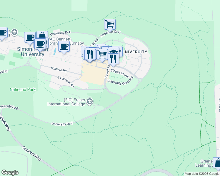 map of restaurants, bars, coffee shops, grocery stores, and more near 8999 Nelson Way in Burnaby