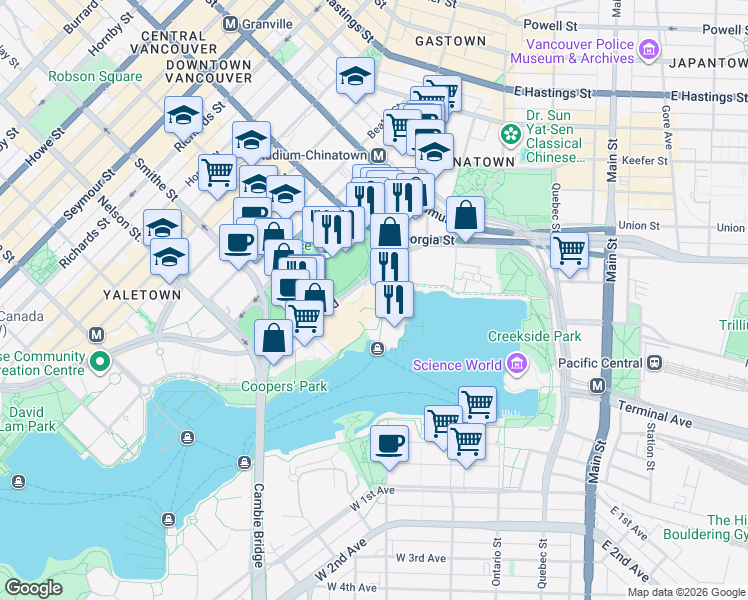 map of restaurants, bars, coffee shops, grocery stores, and more near 750 Pacific Boulevard in Vancouver