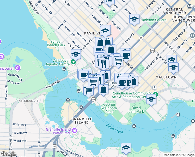 map of restaurants, bars, coffee shops, grocery stores, and more near 808 Pacific Street in Vancouver