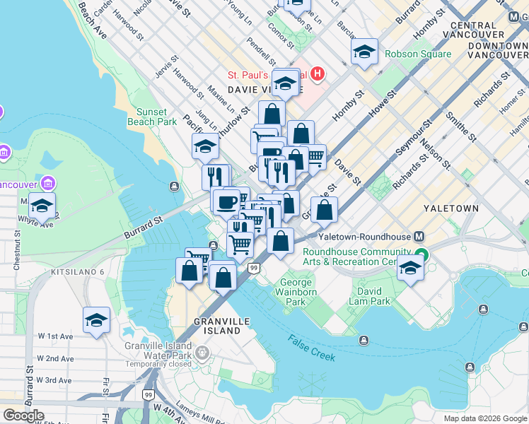 map of restaurants, bars, coffee shops, grocery stores, and more near 1455 Howe Street in Vancouver
