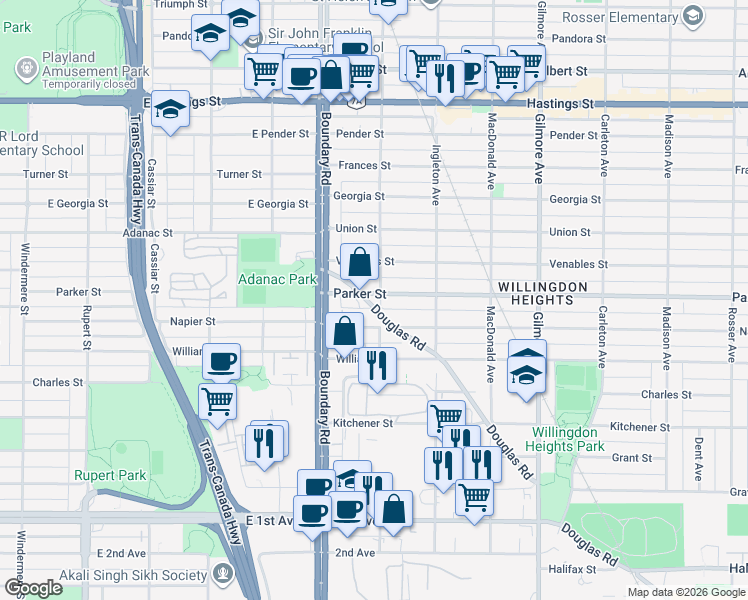 map of restaurants, bars, coffee shops, grocery stores, and more near 1068 Douglas Road in Burnaby