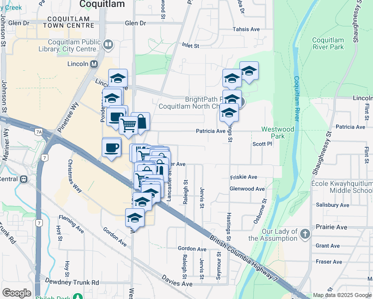 map of restaurants, bars, coffee shops, grocery stores, and more near 2587 Kitchener Avenue in Port Coquitlam
