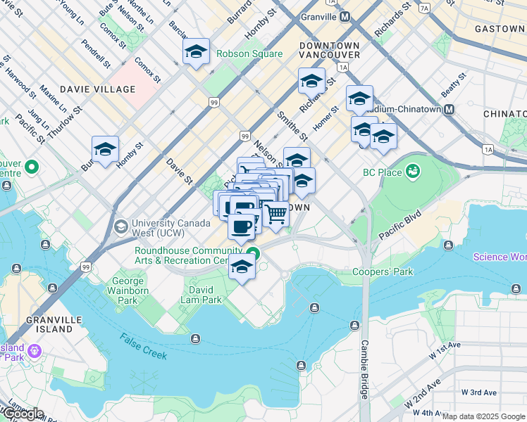 map of restaurants, bars, coffee shops, grocery stores, and more near 1178 Hamilton Street in Vancouver