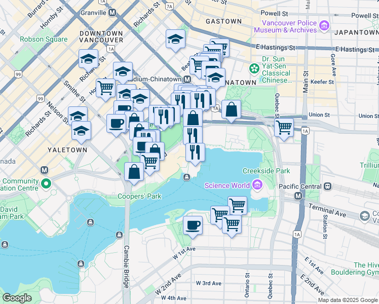 map of restaurants, bars, coffee shops, grocery stores, and more near 750 Pacific Boulevard in Vancouver