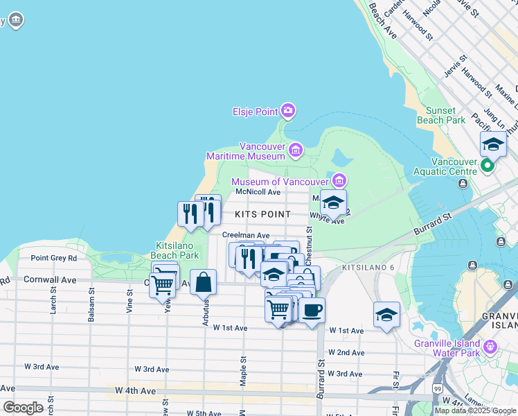 map of restaurants, bars, coffee shops, grocery stores, and more near 1973 Whyte Avenue in Vancouver