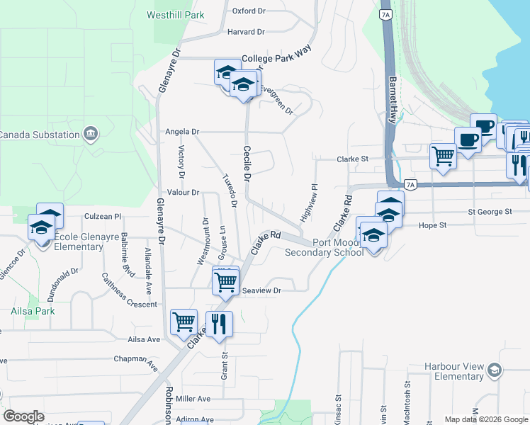 map of restaurants, bars, coffee shops, grocery stores, and more near 1051 Cecile Drive in Port Moody