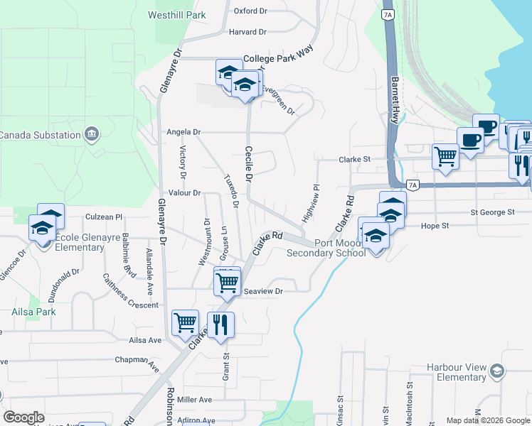 map of restaurants, bars, coffee shops, grocery stores, and more near 1051 Cecile Drive in Port Moody