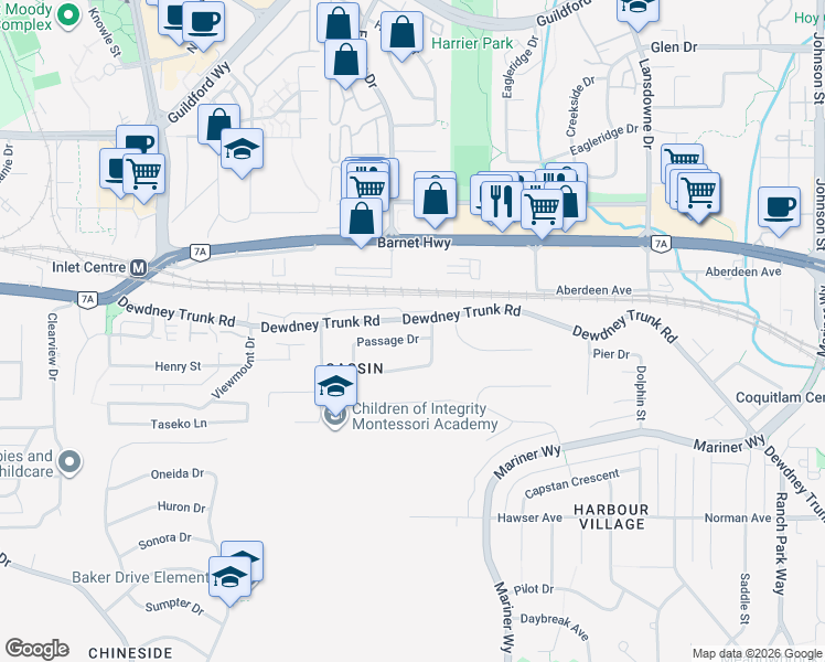 map of restaurants, bars, coffee shops, grocery stores, and more near 2591 Passage Drive in Coquitlam