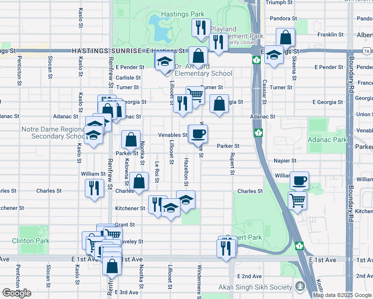 map of restaurants, bars, coffee shops, grocery stores, and more near 3153 Parker Street in Vancouver