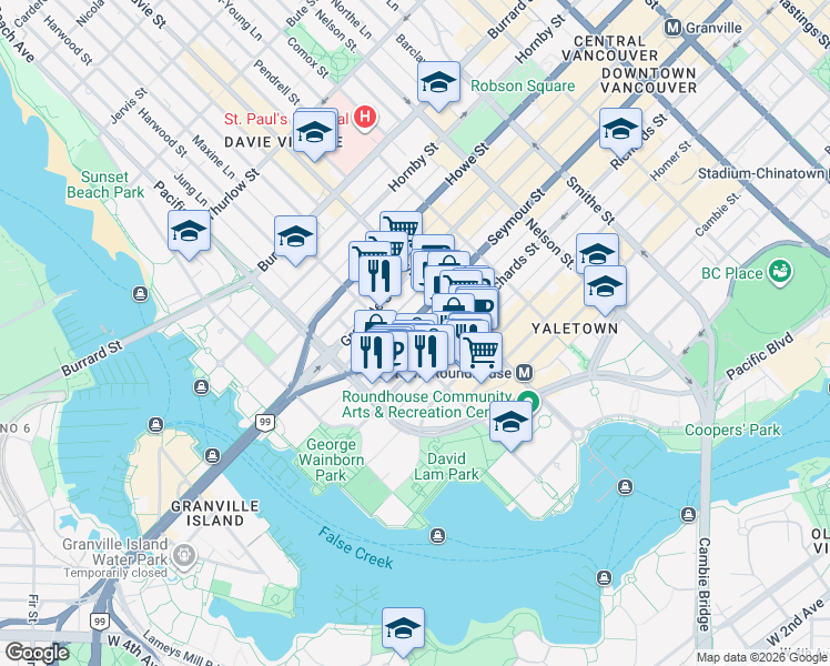 map of restaurants, bars, coffee shops, grocery stores, and more near 1260 Seymour Street in Vancouver