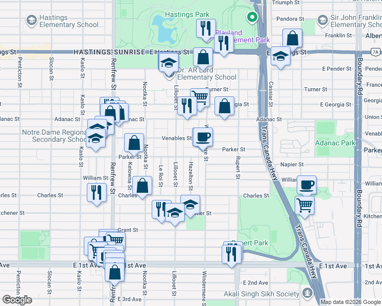 map of restaurants, bars, coffee shops, grocery stores, and more near in Vancouver