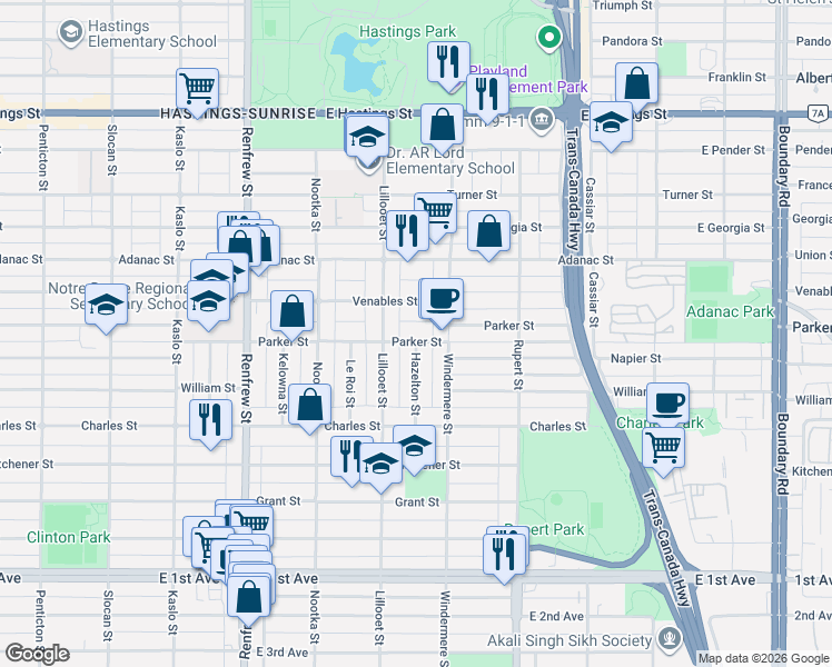 map of restaurants, bars, coffee shops, grocery stores, and more near 3153 Parker Street in Vancouver