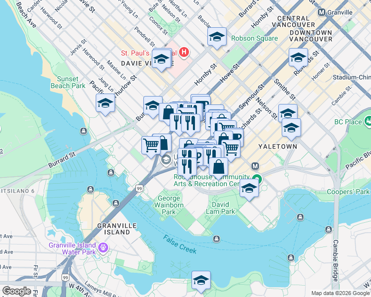 map of restaurants, bars, coffee shops, grocery stores, and more near 1348 Granville Street in Vancouver