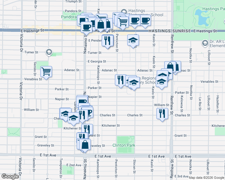 map of restaurants, bars, coffee shops, grocery stores, and more near 2576 Parker Street in Vancouver
