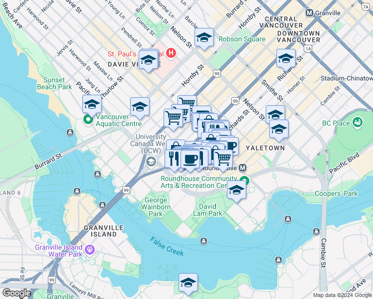 map of restaurants, bars, coffee shops, grocery stores, and more near 609 Drake Street in Vancouver