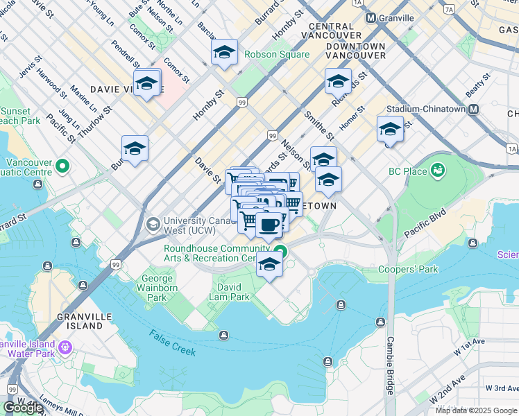 map of restaurants, bars, coffee shops, grocery stores, and more near 1155 Homer Street in Vancouver