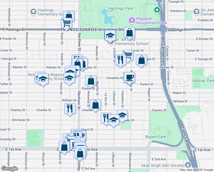 map of restaurants, bars, coffee shops, grocery stores, and more near 3061 Parker Street in Vancouver