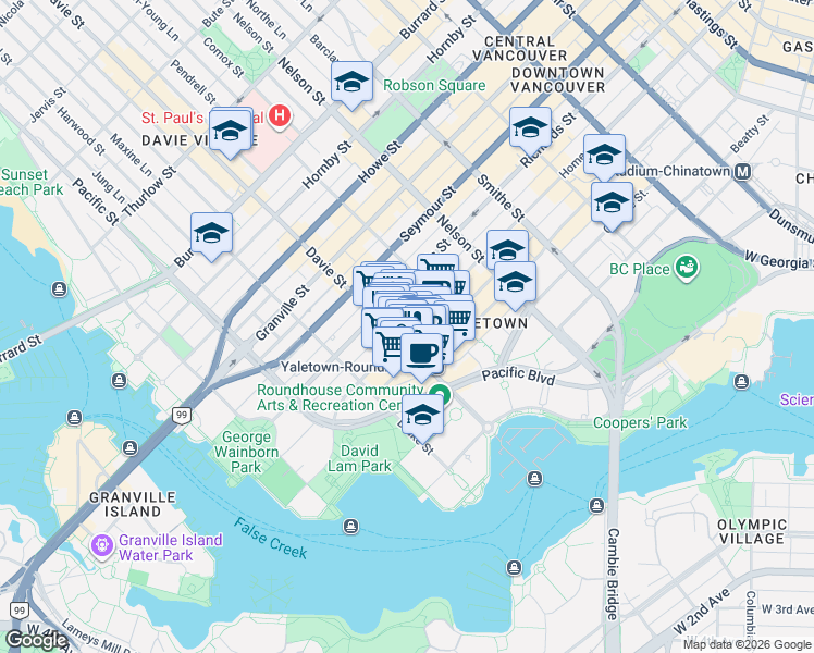 map of restaurants, bars, coffee shops, grocery stores, and more near 1155 Homer Street in Vancouver