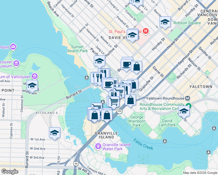 map of restaurants, bars, coffee shops, grocery stores, and more near 1000 Beach Avenue in Vancouver