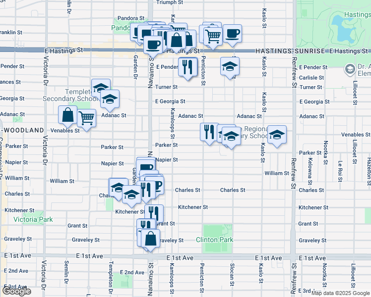 map of restaurants, bars, coffee shops, grocery stores, and more near 2550 Parker Street in Vancouver
