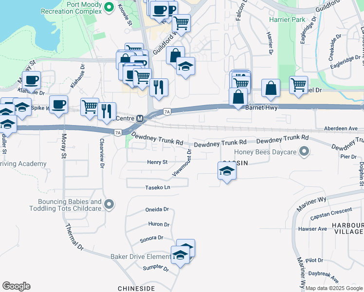 map of restaurants, bars, coffee shops, grocery stores, and more near 3382 Viewmount Drive in Port Moody