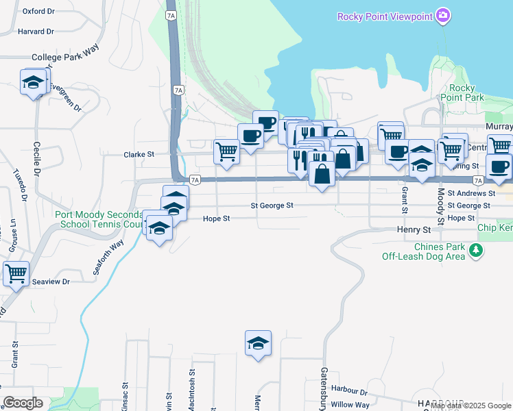 map of restaurants, bars, coffee shops, grocery stores, and more near 126 Elgin Street in Port Moody