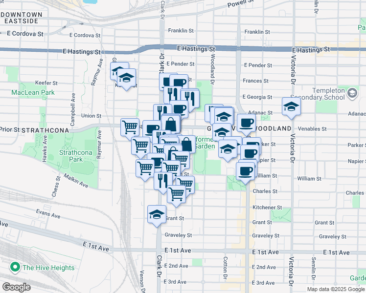 map of restaurants, bars, coffee shops, grocery stores, and more near 1422 Parker Street in Vancouver