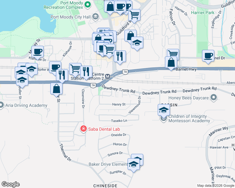 map of restaurants, bars, coffee shops, grocery stores, and more near 3333 Dewdney Trunk Road in Port Moody