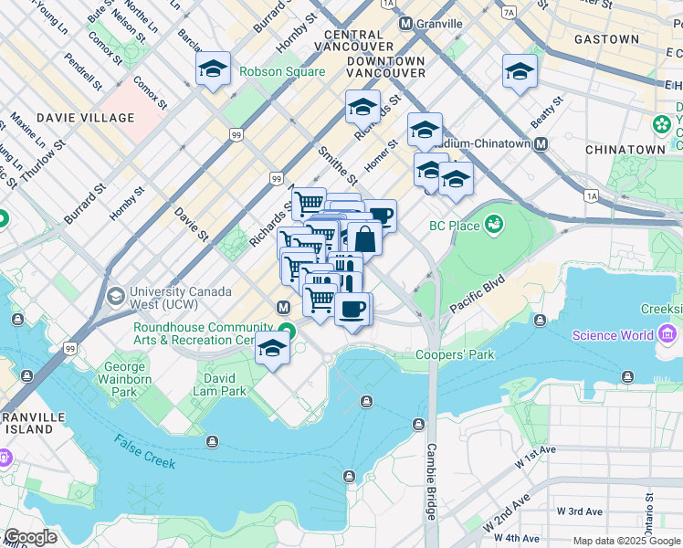 map of restaurants, bars, coffee shops, grocery stores, and more near 193 Aquarius Mews in Vancouver