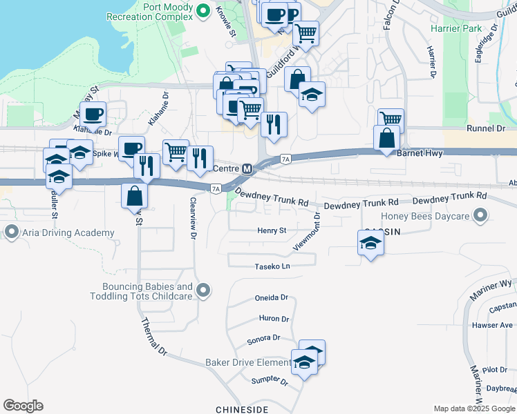 map of restaurants, bars, coffee shops, grocery stores, and more near 6 Fraser Street in Port Moody