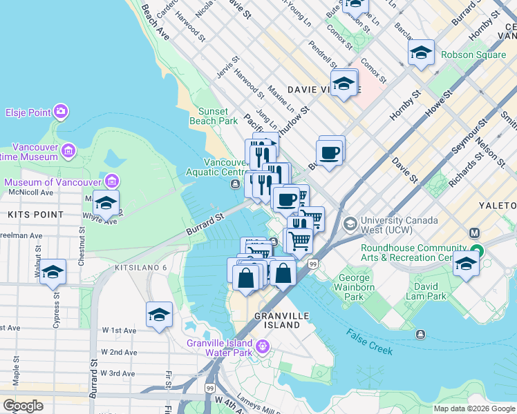 map of restaurants, bars, coffee shops, grocery stores, and more near 1010 Beach Avenue in Vancouver