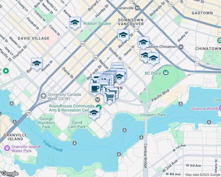 map of restaurants, bars, coffee shops, grocery stores, and more near in Vancouver