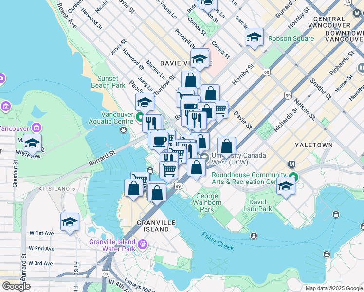 map of restaurants, bars, coffee shops, grocery stores, and more near 888 Pacific Street in Vancouver