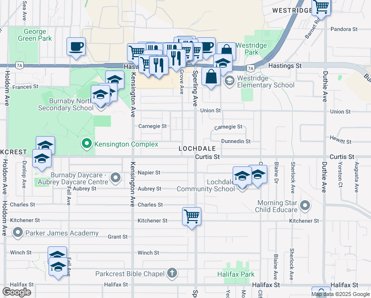 map of restaurants, bars, coffee shops, grocery stores, and more near 962 Grove Avenue in Burnaby