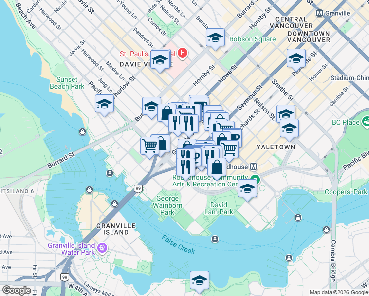 map of restaurants, bars, coffee shops, grocery stores, and more near 1348 Granville Street in Vancouver