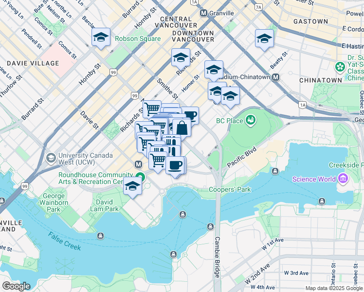 map of restaurants, bars, coffee shops, grocery stores, and more near 1008 Cambie Street in Vancouver