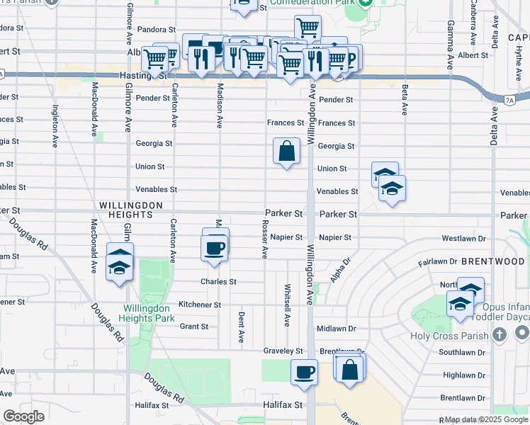 map of restaurants, bars, coffee shops, grocery stores, and more near 1003 Rosser Avenue in Burnaby