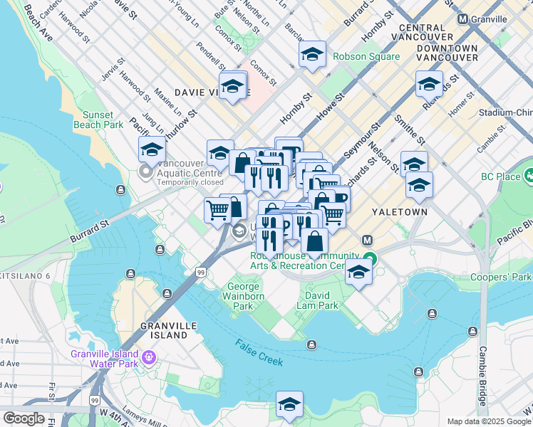 map of restaurants, bars, coffee shops, grocery stores, and more near 1348 Granville Street in Vancouver
