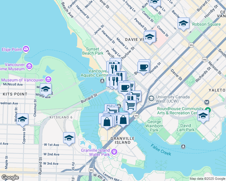 map of restaurants, bars, coffee shops, grocery stores, and more near 1010 Beach Avenue in Vancouver