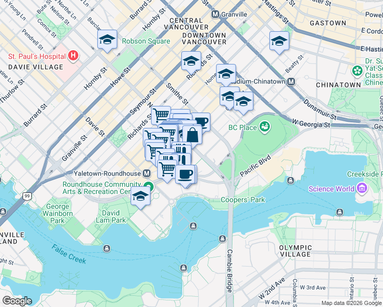 map of restaurants, bars, coffee shops, grocery stores, and more near 1008 Cambie Street in Vancouver
