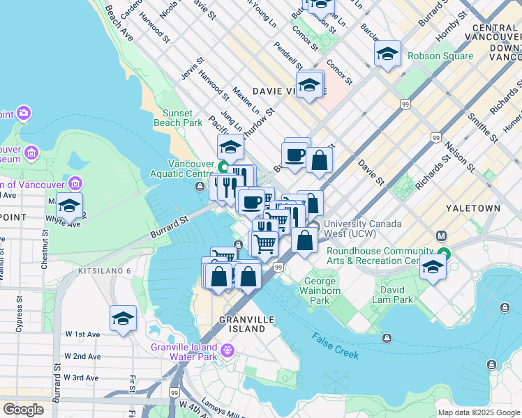 map of restaurants, bars, coffee shops, grocery stores, and more near 903 Beach Avenue in Vancouver