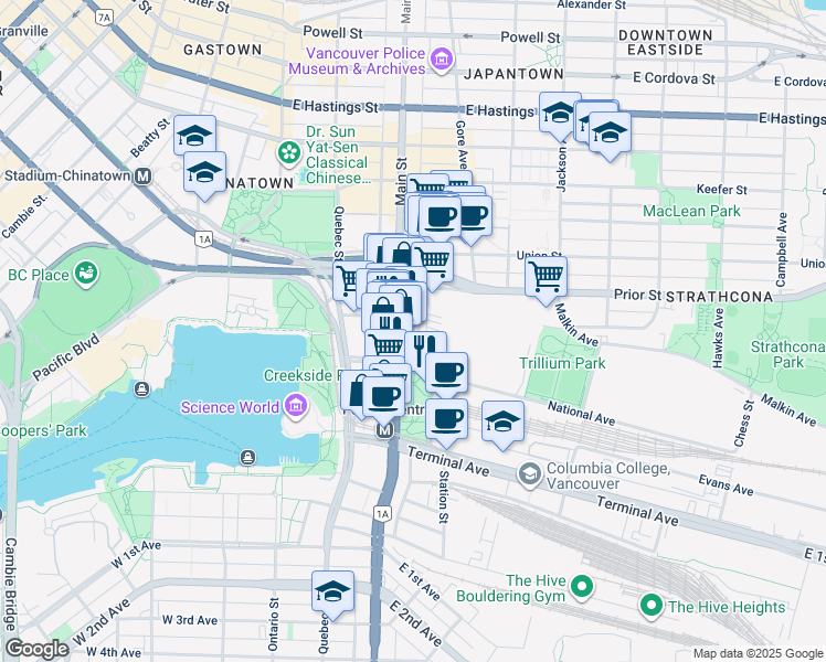 map of restaurants, bars, coffee shops, grocery stores, and more near 1005 Station Street in Vancouver