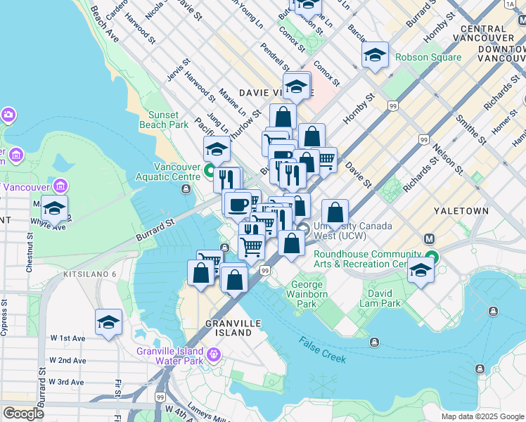 map of restaurants, bars, coffee shops, grocery stores, and more near 1490 Hornby Street in Vancouver